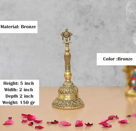 Bronze Pooja Bell Ghanti with Ritual Sudarshan Chakra (Height 5 Inch)