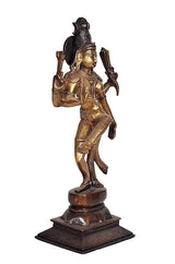 Rear/angled view brass Ardhanarishwar idol, raised hands, dark base with carved details