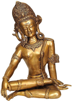 Brass seated Dev Indra statue idol, closed-eye face and patterned headgear