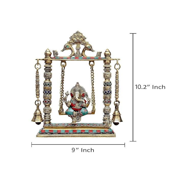 Brass Ganesha on a Swing with Two Bell Holding Chain Statue (10.2 Inches X 8.6 Inches X 3.0 Inches, Golden)