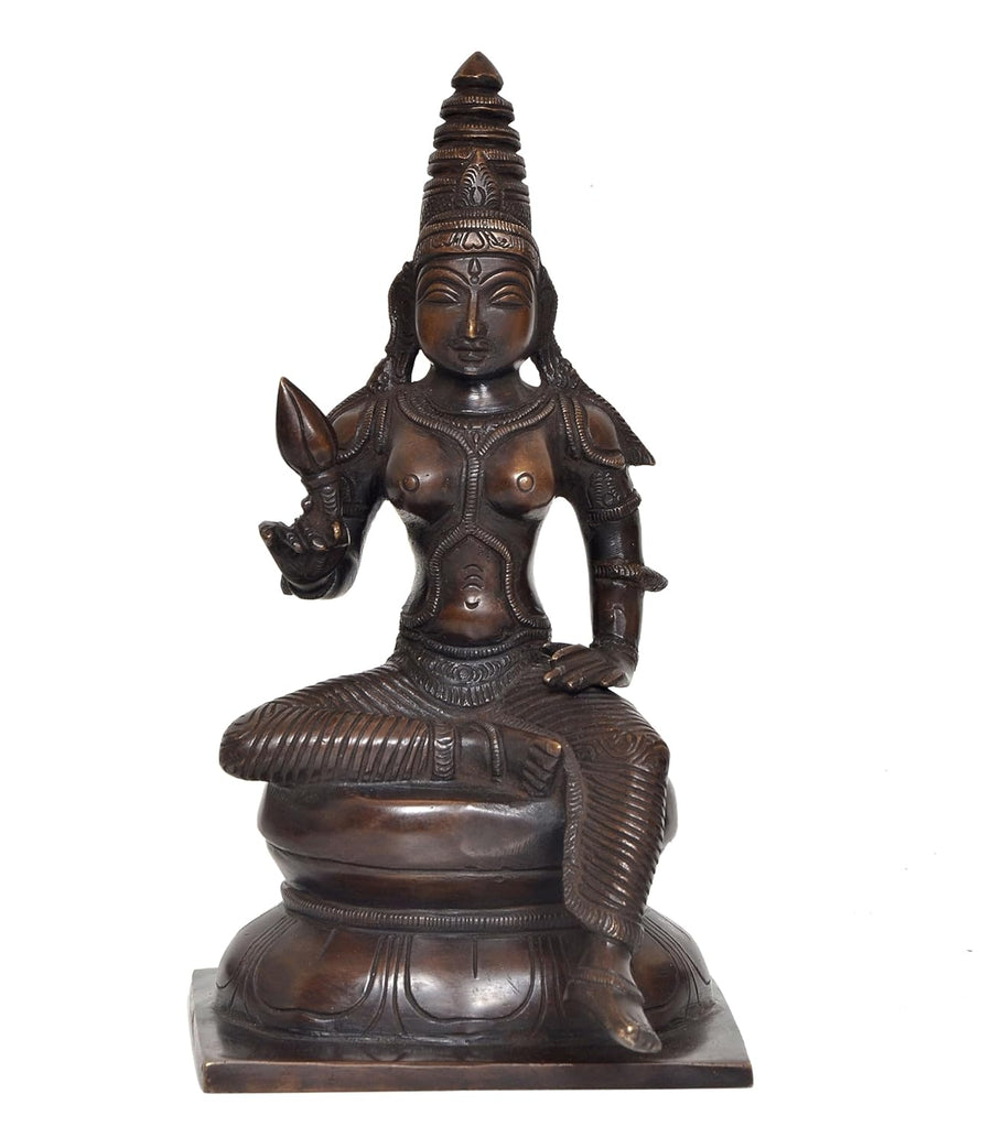 Brass Goddess Parvati Seated on Pedestal Statue Hindu Goddess Parvati Idol for Home Temple, Spiritual Decor, and Religious Gifts (Height: 9 Inch) Craft Detail