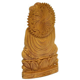 Carved wooden Buddha idol, opposite side view with textured robe and halo