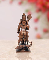 Copper Lord Kartikeya Murugan idol with spear banner and animal at base, 4.5 inch