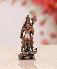 Copper Lord Kartikeya Murugan idol with spear banner and animal at base, 4.5 inch