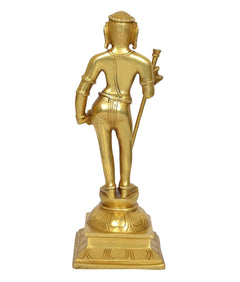Brass standing Kartikeya Murugan idol back view, raised right-arm spear