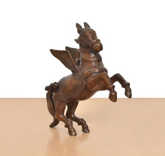 Brass flying horse with wings, profile view, wing spread and armored body details