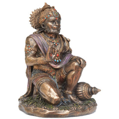 Bronze seated Lord Hanuman statue, 7.5 in, profile view with jeweled crown and namaste
