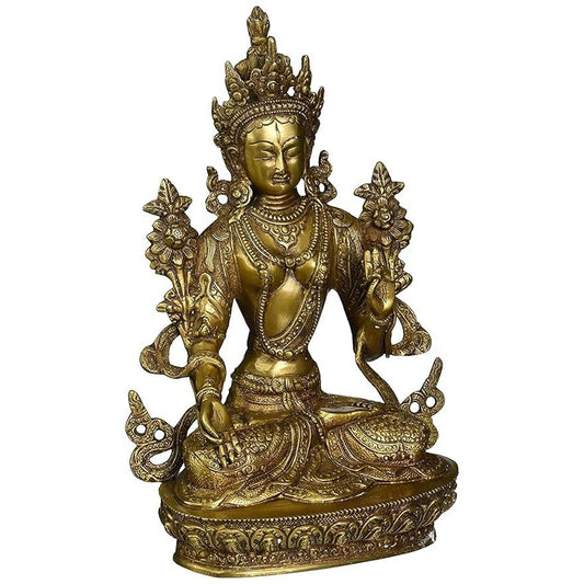 White Tara Devi Idol Statue Brass Tibetan Goddess Yin Kwan Sculpture Height 12 Inches