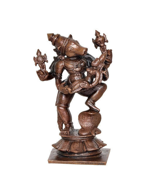 Copper Varaga Lakshmi Varaha Carrying Bhudevi Statue for Home, Mandir Pooja Decor Idol Color-Copper (Height: 3.5 Inch)