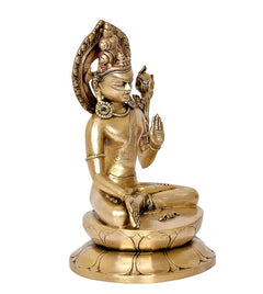 Brass Lord Indra statue angled view, seated lotus pose, ornamental crown and upraised hands