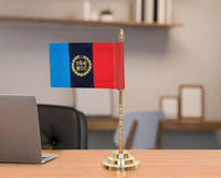 Brass tabletop flag on desk stand, tricolor cloth with gold NNC emblem