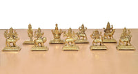 Brass Navdurga idol figures, seated and mounted poses on square bases