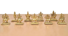Brass Navdurga idol figures, seated and mounted poses on square bases