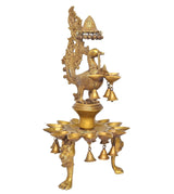 Golden peacock diya oil lamp stand with 15 diya bowls and hanging bells.