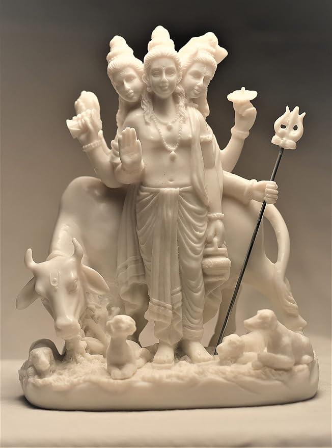 White antique marble-finish deity statue holding trident, 8 in