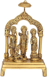 Brass Ram Darbar statue idol, front view of arched three-figure ensemble on base