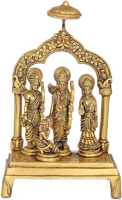 Brass Ram Darbar statue idol, front view of arched three-figure ensemble on base