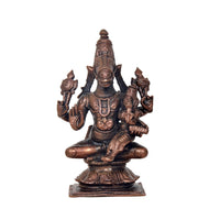 Seated Vishnu avatar idol with four arms, ornate weapons, copper finish, 5 in