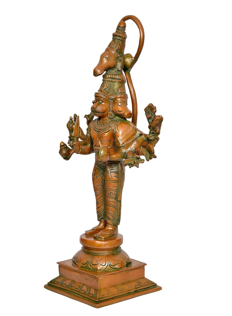 Brass Standing Panchamukhi Hanuman Statue - Handcrafted Hindu God Idol for Home Decor (Height 22 Inch)