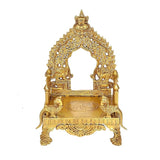Brass Bhagwan Palki Chowki mandir with carved arch and circular base