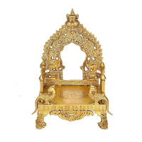 Brass Bhagwan Palki Chowki mandir with carved arch and circular base