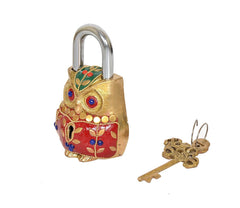 Multicolored brass owl padlock with keys, arched shackle and red enamel