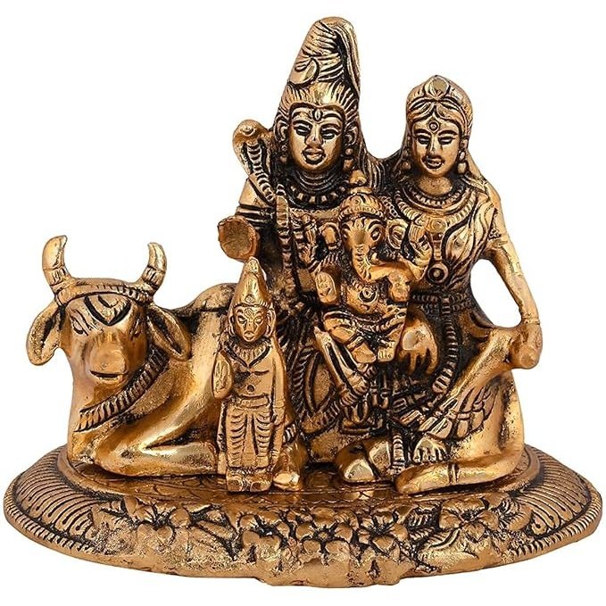 Metal Lord Shiva Parivar idol with Nandi, seated on decorated base, gold finish