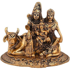 Metal Lord Shiva Parivar idol with Nandi, seated on decorated base, gold finish