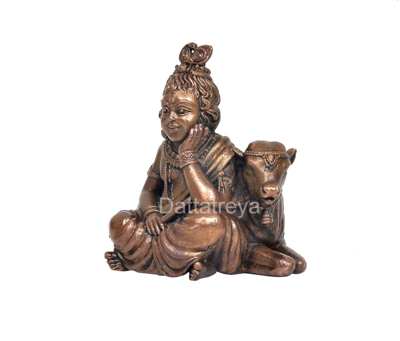 Copper Lord Bal Gopal with Cow Idol (Height:3 Inch)