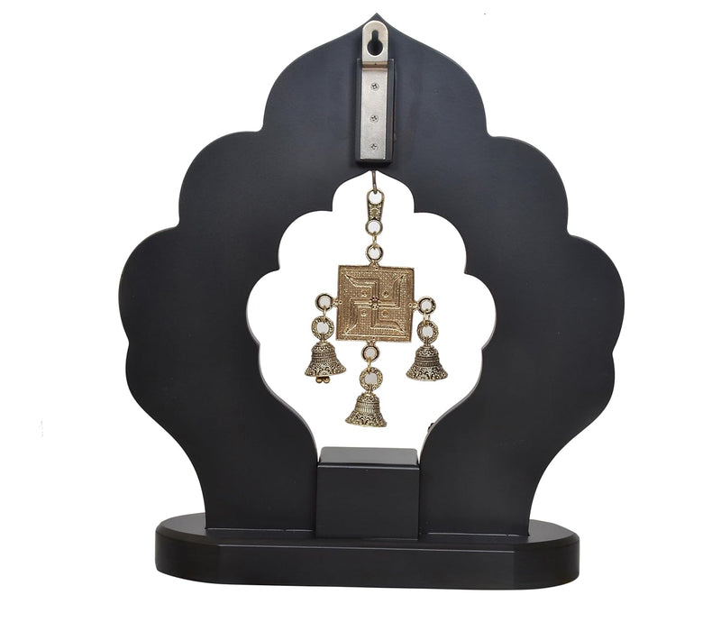 Superfine Brass Dashavatara of Vishnu Swastik with Bells and Wooden Frame Wall Hanging (Height: 14.5 Inch)
