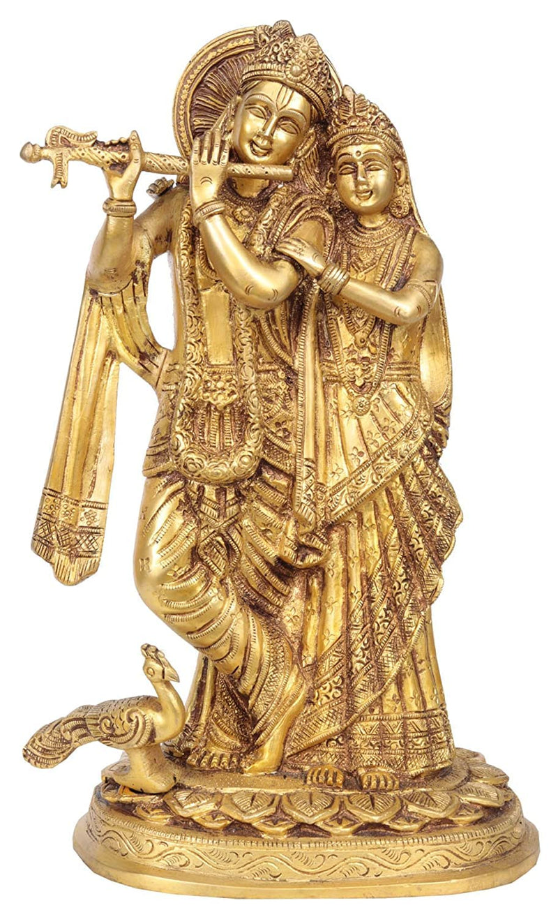 Handmade Brass Idol of Radha Krishna with Peacock (Height: 10 inches)