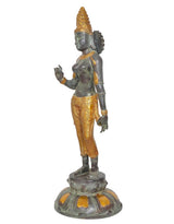 Brass Uma Parvati statue side view, gold dhoti with detailed patterns, grey torso