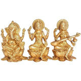 Gold brass Lakshmi, Ganesha and Saraswati figurine trio, seated, 9.5 in
