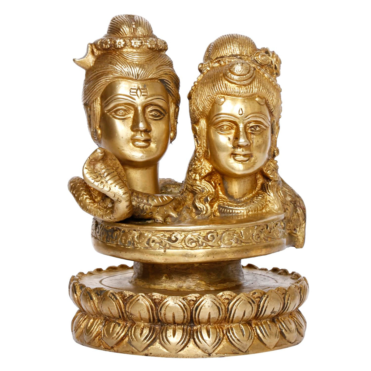 Brass Shiv Parvati bust idol with ornate carvings and circular base, 6 inch