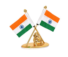 Close view of metal Indian flag with Ganesh, crossed poles and gold circular base