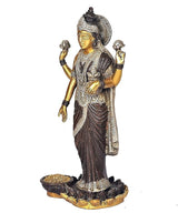 Three-quarter view of Maa Lakshmi brass idol statue, detailed crown and jewelry