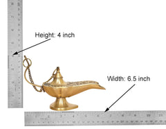 Brass genie lamp dimensions shown: height 4 inch, width 6.5 inch