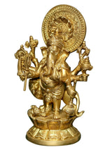 Brass eight-armed Ganesha statue, side view with detailed ornaments and halo