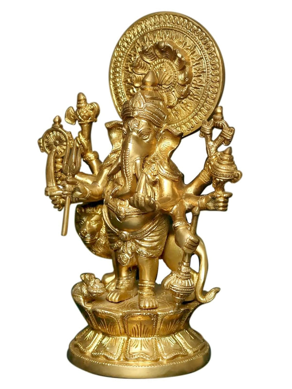 Brass Eight-Armed Lambodara-Brass Idol Lambodara- Ganesha-11 Inch Study Setting