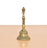 Bronze pooja bell ghanti with ribbed stem and detailed crown-like top
