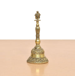 Bronze pooja bell ghanti with ribbed stem and detailed crown-like top