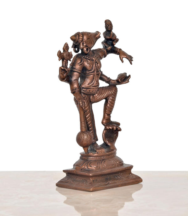 Copper Lakshmi Varaha Carrying Bhudevi Statue (Height: 5.5 Inch) Study Setting