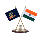 Brass table flag stand with Ashoka stambh finial and two small Indian flags