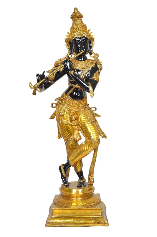 Brass Krishna Playing Flute Idol Statue Sculpture for Home Mandir Pooja Decor Temple Gift (Height 35 inch) (Multicolor 1)