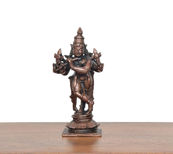 Copper Lord Krishna Playing Flute Statue (Height 4.5 Inch) Study Setting