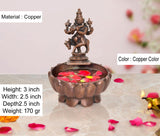 Copper Krishna urli bowl, 3-inch height, lotus rim with deity figurine on center