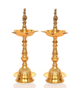 Brass peacock oil lamp stand set of 2, back view with detailed peacock finials