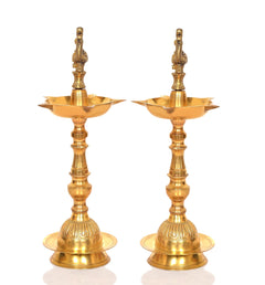 Brass peacock oil lamp stand set of 2, back view with detailed peacock finials