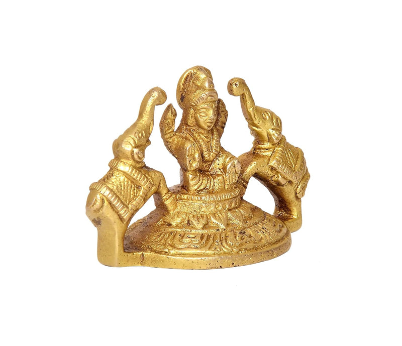 Brass Gaja Lakshmi Statue Laxmi with Elephants Home Temple Office Figurine Showpiece (Height 2.5 Inch)