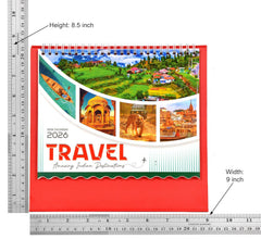 2026 travel desk calendar, height 8.5 in and width 9 in shown, red base